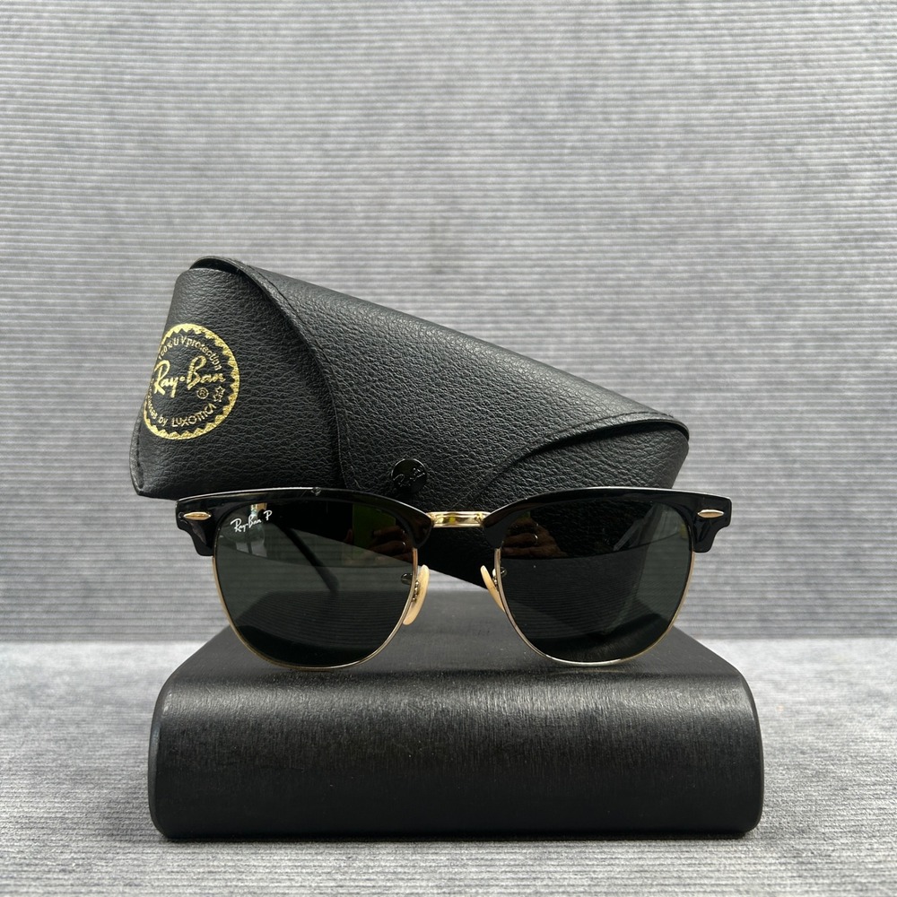 Ray-Ban RB 3716 Clubmaster Metal Black Gold Polarized Sunglasses 51mm Italy